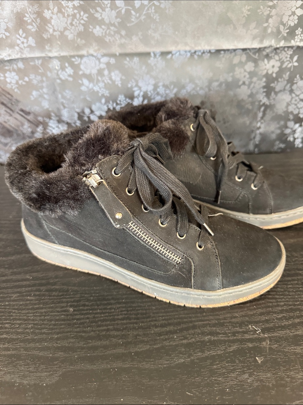 Aetrex Black Faux-Fur Lace-Up Ankle Boots